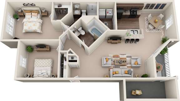 A 3D floor plan of a house with two bedrooms, a living room, a kitchen, and a bathroom.
