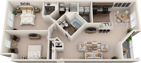 A 3D floor plan of a house with a kitchen, living room, and bedrooms.