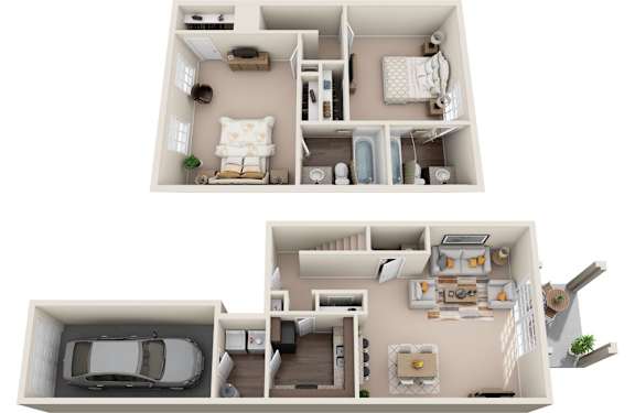 A top and side view of a small apartment layout.