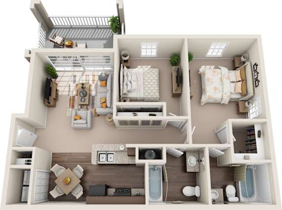 A top-down view of a small apartment with a kitchen, living room, and bedroom.