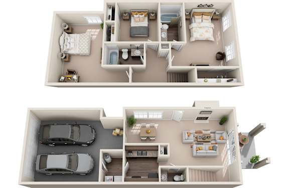 A top and bottom floor plan of a house with two bedrooms, two bathrooms, a living room, a kitchen, and a garage.