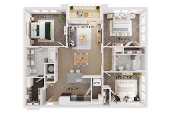 A detailed 3D floor plan of a two-bedroom apartment.