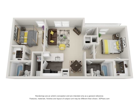 this is a 3d floor plan of a 2 bedroom and 2 bathroom at Arbor Ridge  at Arbor Ridge, North Carolina, 27410