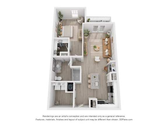 A 3D floor plan of a small apartment with a kitchen, living room, and bathroom.