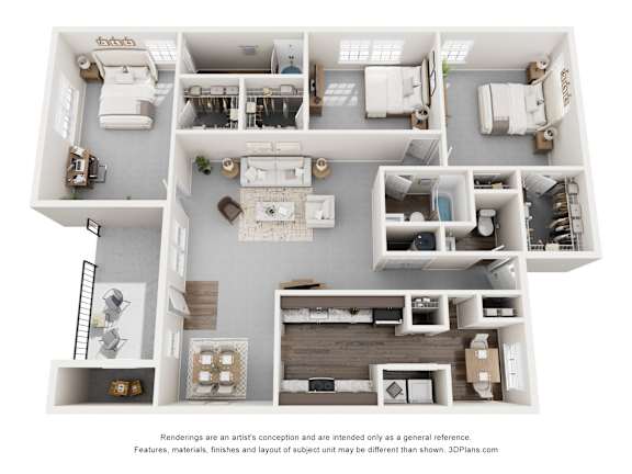 A 3D floor plan of a house with labeled rooms.
