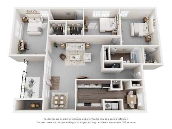 A 3D floor plan of a house with labeled rooms.