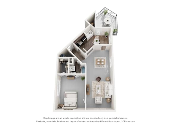 A 3D floor plan of a house with a kitchen, living room, and bathroom.