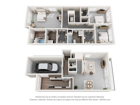 A 3D floor plan of a house with two bedrooms, a living room, a kitchen, a bathroom, and a garage.