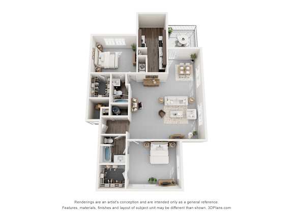 A 3D floor plan of a house with a kitchen, living room, and two bedrooms.