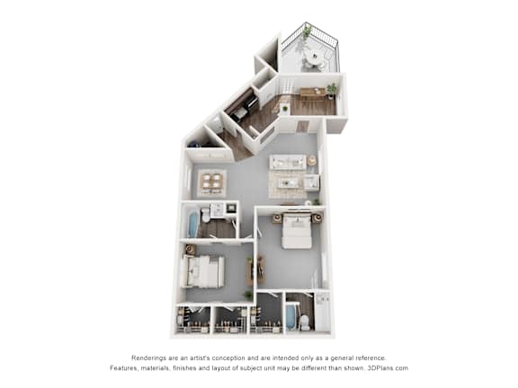 A 3D floor plan of a house with multiple rooms.