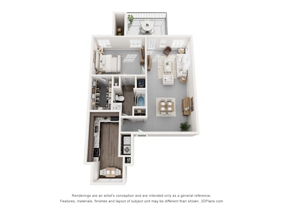 A 3D floor plan of a house with a kitchen, living room, and bathroom.