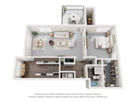 A 3D floor plan of a house with multiple rooms and furniture.