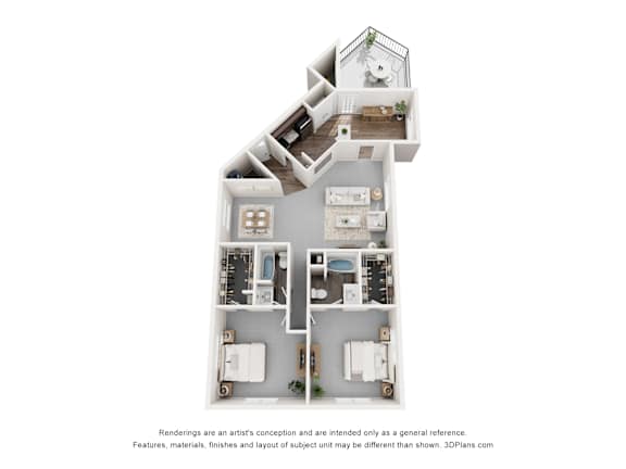 A 3D floor plan of a house with a kitchen, living room, and bedrooms.