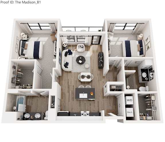 A top-down view of a modern apartment layout with a kitchen, living room, and two bedrooms.