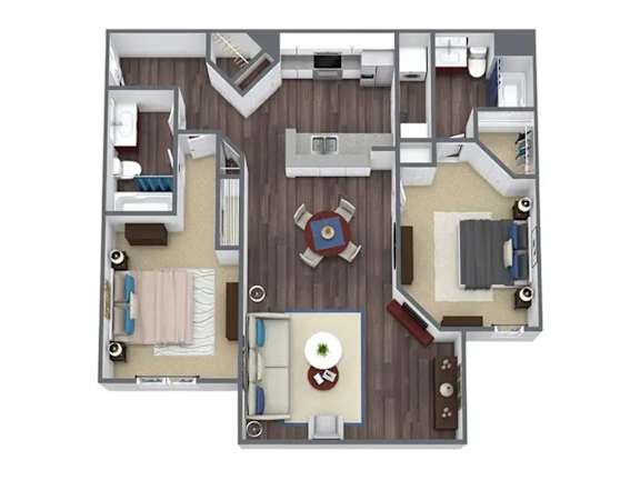 A top-down view of a house layout with a central living area, bedrooms, and a kitchen.