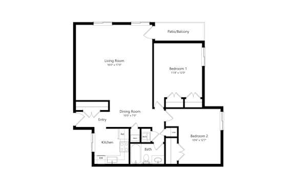 A black and white image of a floor plan for a home with a living room, dining room, kitchen, and two bedrooms.