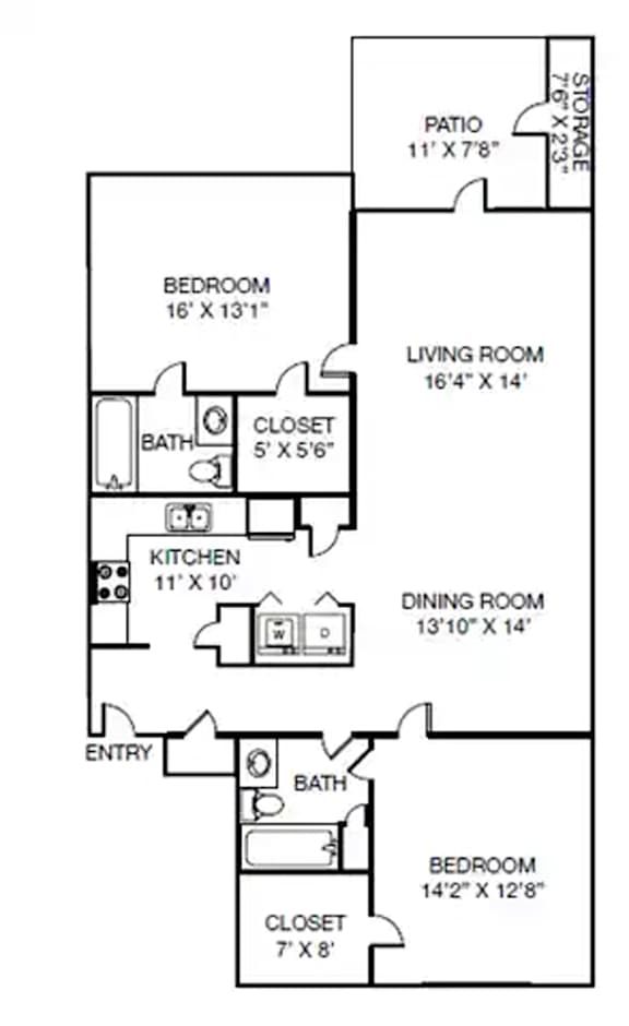 A floor plan of a house with a living room, dining room, kitchen, two bedrooms, a bathroom, a patio, and a storage area.