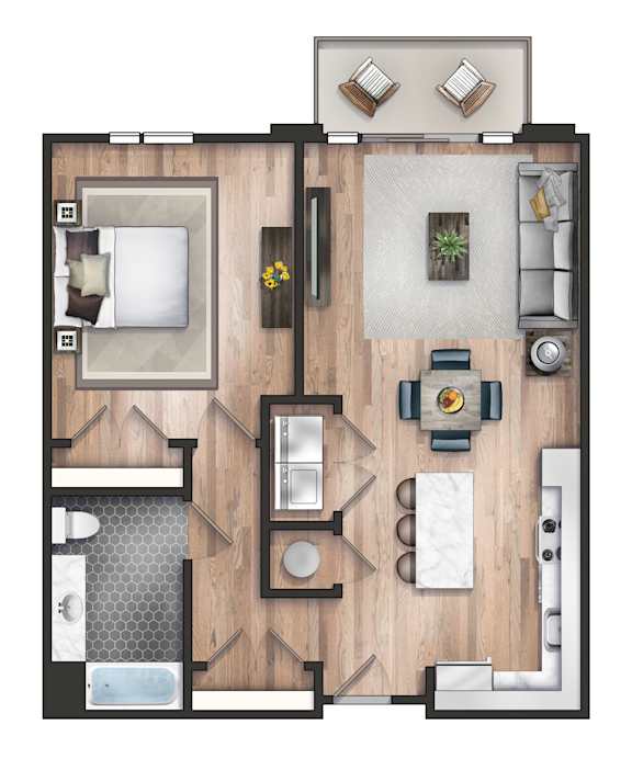 A top-down view of a house layout with a living room, dining room, kitchen, and bathrooms.