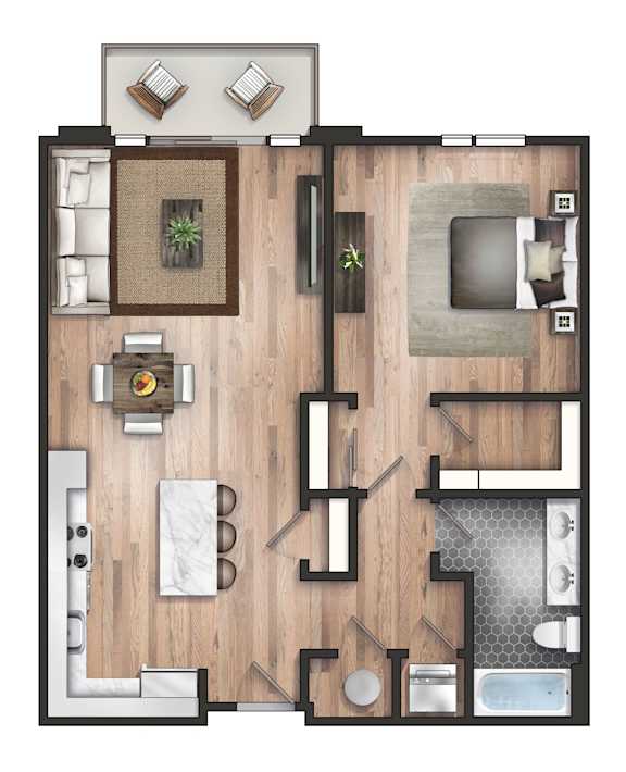 A top-down view of a house layout with a living room, kitchen, and bathroom.