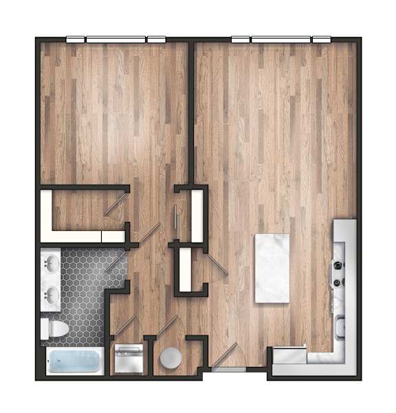 A top-down view of a room with a bathroom and a kitchen area.