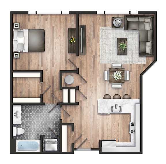 A floor plan of a house with a kitchen, living room, and bathroom.