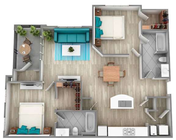 A top-down view of a house layout with a living room, kitchen, and bathroom.