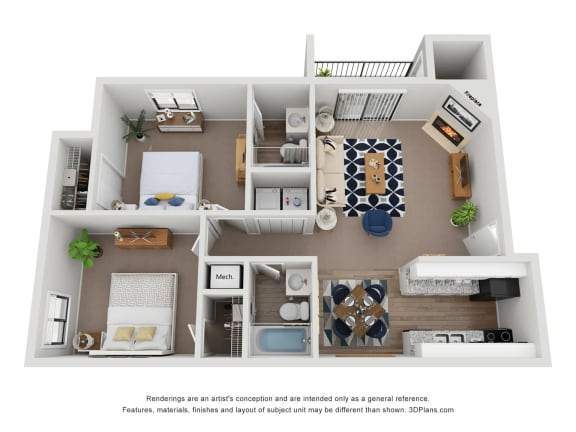 B2 Floor Plan | 833 Sq. Ft. at Village 1373, Greensboro