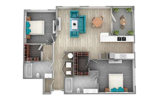 A floor plan of a house with a kitchen, living room, dining room, and bathrooms.