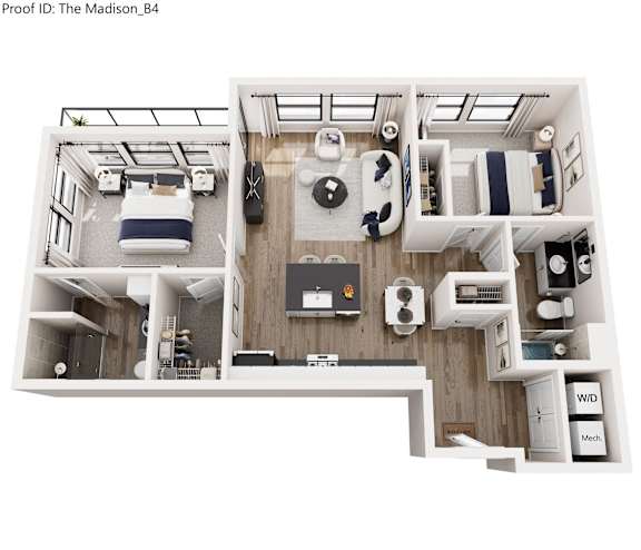 A floor plan of a small apartment with a kitchen, living room, and bedroom.