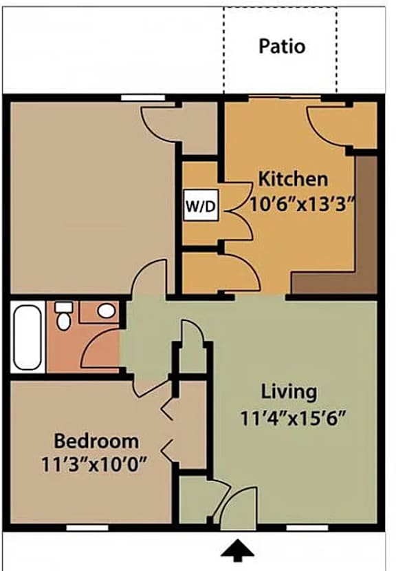 A floor plan of a room with a patio, kitchen, bedroom and living room.