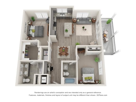 2 bed 2 bath A2 Floor Plan | 1,094 Sq. Ft. at Barclay Place Apartments, Wilmington, North Carolina