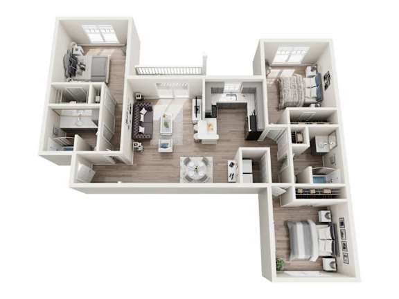 A white floor plan of a house with a kitchen, living room, and bedrooms.