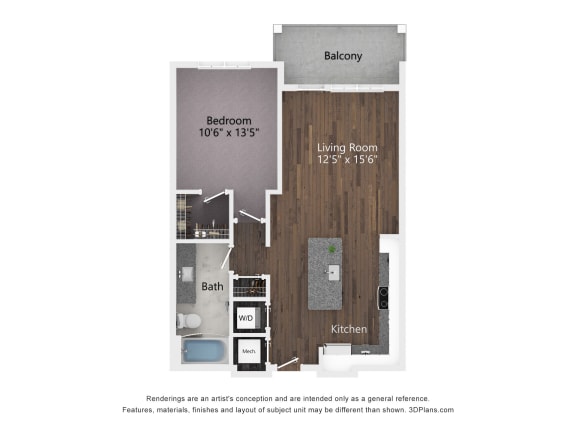 1 bed 1 bath The 2D Floorplan for the A1 at The Bella at Westchester.