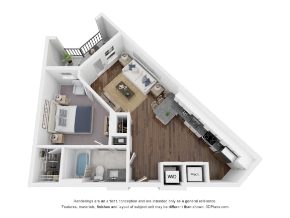 1 Bed 1 Bath A2  Floor Plan | 660 Sq. Ft. at The Bella at Westchester, Midlothian Virginia