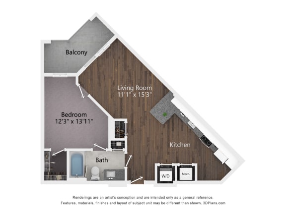 1 bed 1 bath The 2D Floorplan for A2 at The Bella at the Westchester.