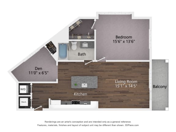 1 bed 1 bath The 2D Floorplan for the A3 at The Bella at the Westchester.