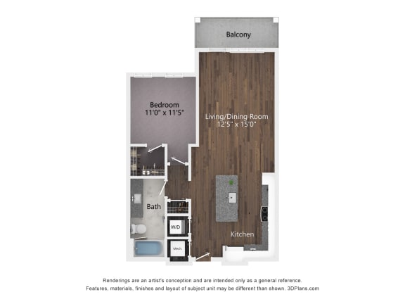 1 bed 1 bath The 2D Floorplan for the A1 Alt 4 at The Bella at Westchester.