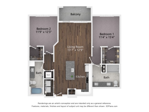 2 bed 2 bath The 2D Floorplan for the B1 Alt 4 at The Bella at Westchester.