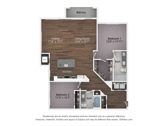 2 bed 2 bath The 2D Floorplan for the B2 Alt 2 at The Bella at Westchester.