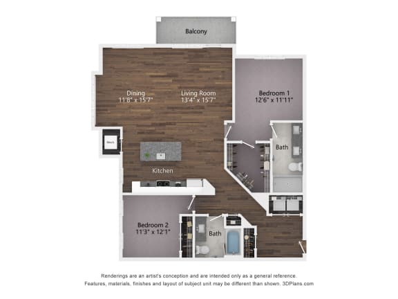2 bed 2 bath The 2D Floorplan for the B2 at The Bella at Westchester.