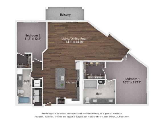 2 bed 2 bath The 2D Floorplan for the B3 at The Bella at Westchester.