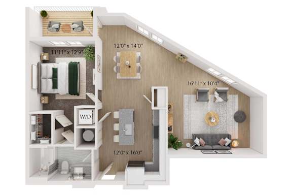 A 12x16 room with a couch and a bed.