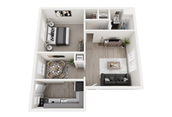 a 3d floor plan of a house with a bedroom