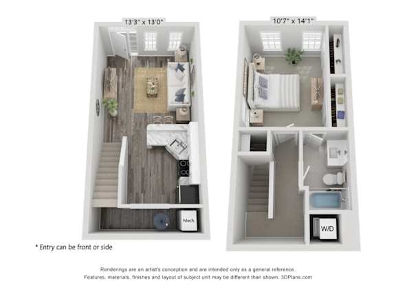 A floor plan of a small apartment with two bedrooms and a living area.