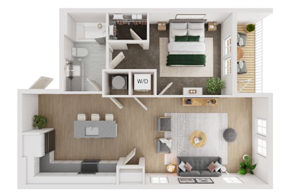 A top-down view of a modern apartment layout with a living room, kitchen, and bedroom.