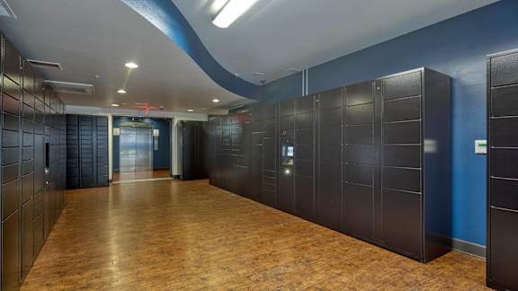 A long hallway with a blue wall and a brown floor.