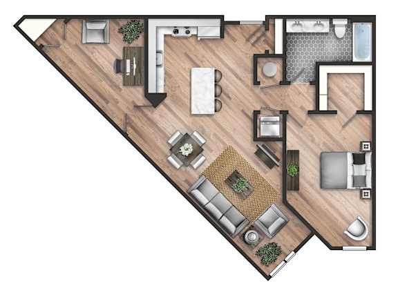 A top-down view of a house layout with a kitchen, living room, and bathroom.