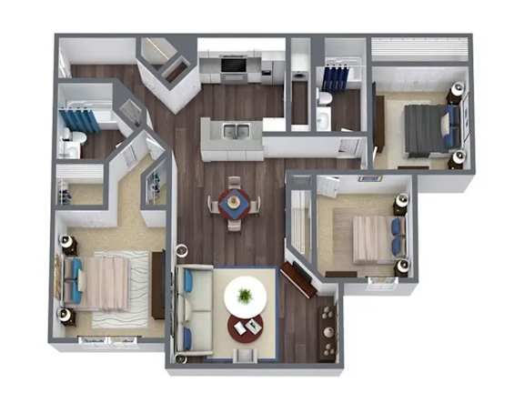 A top-down view of a house layout with a kitchen, living room, and bathroom.