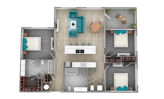 A top-down view of a house layout with a kitchen, living room, and bedrooms.