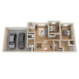A dollhouse living room with two cars and a kitchen.